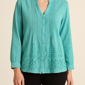 Soft Surroundings Aqua Eyelet Embroidered Cotton Button Front Blouse M